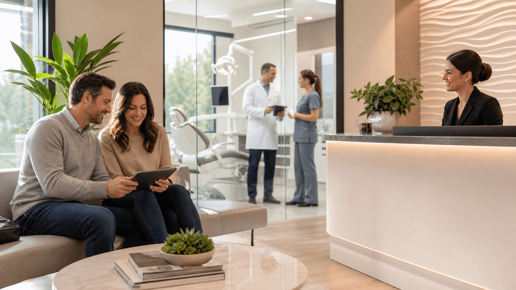 Smiling family in a bright dental office, dentist in white coat holding a clipboard, soft blue accents.