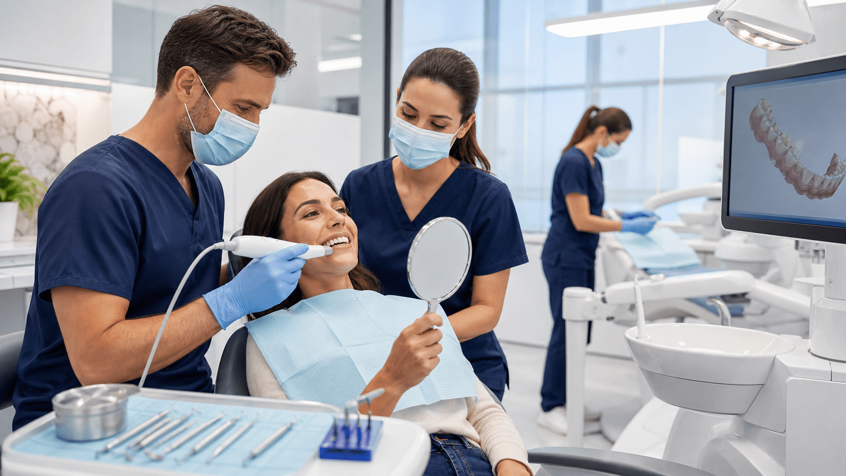 Bright dental clinic interior with reclining chair, overhead exam light, and tray of metal instruments in white-blue tones.