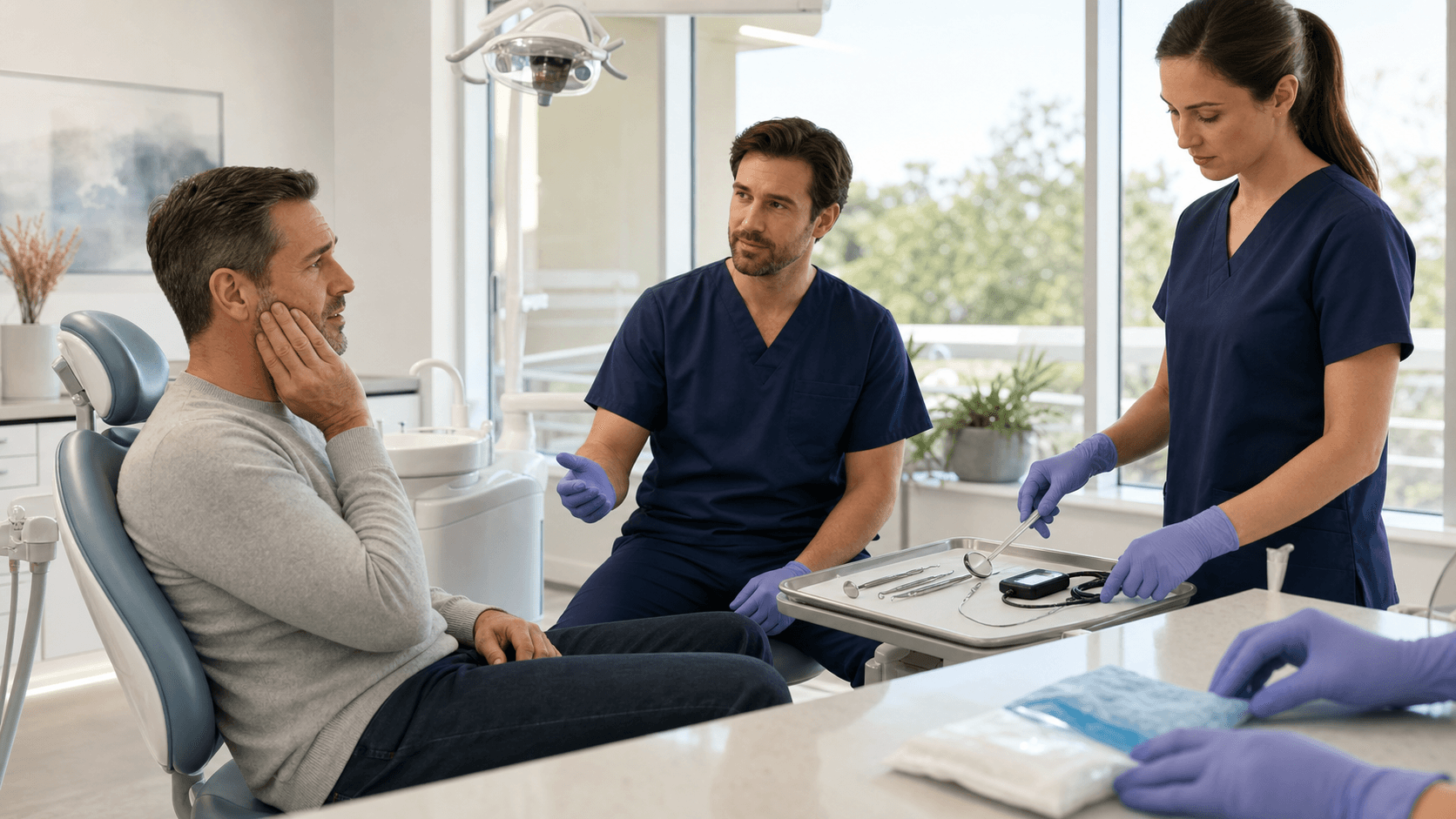 Gloved hands hold a tooth model beside dental tools on a blue-lit clinic counter with a blurred chair in the background